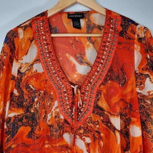 Lane Bryant Abstract Print Beaded Tunic Blouse Orange Size 14/16 - Picture 3 of 9